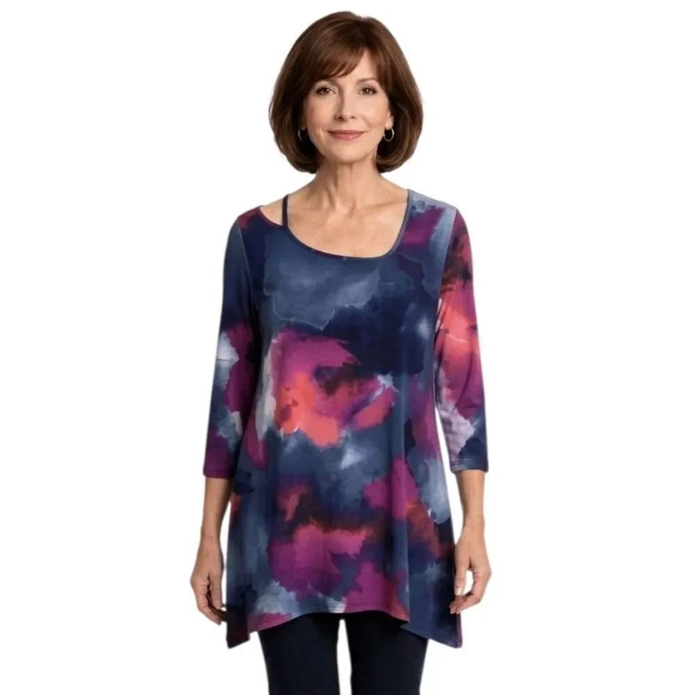 Clara Sun Woo Navy Blue & Purple Asymmetrical 3/4 Sleeve Tunic Size S